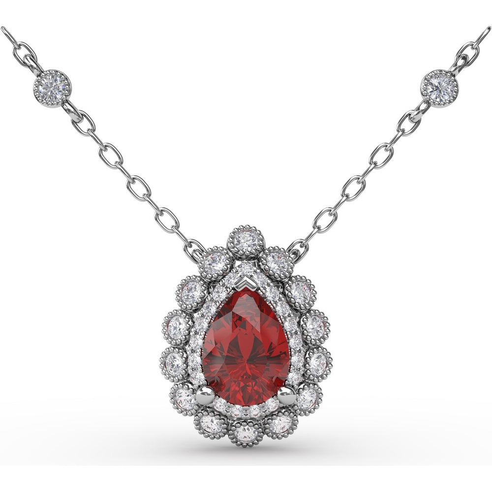 Floral Teardrop Ruby Pendant with Diamond Halo and Diamond Station Chain by Fana - 1.08 Carat Total Gemstone Weight