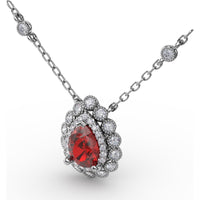 Floral Teardrop Ruby Pendant with Diamond Halo and Diamond Station Chain by Fana - 1.08 Carat Total Gemstone Weight