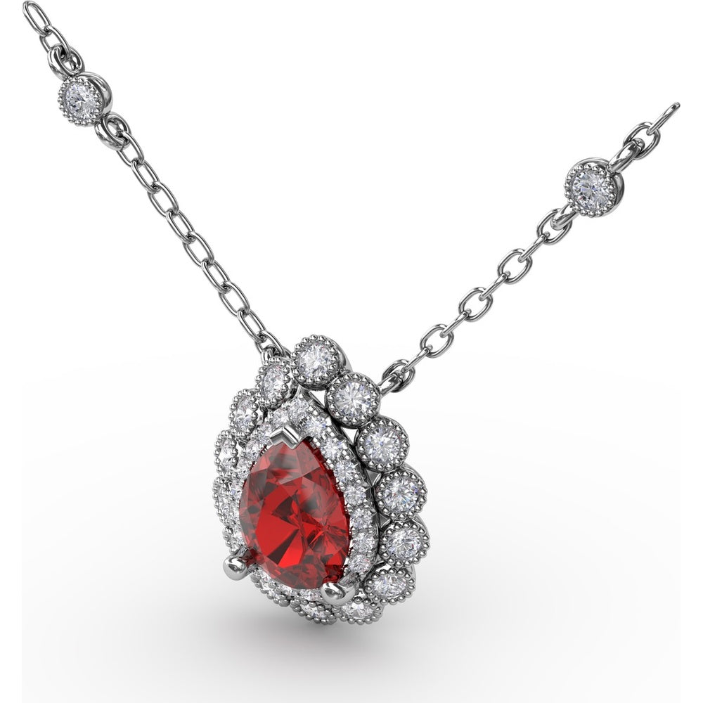 Floral Teardrop Ruby Pendant with Diamond Halo and Diamond Station Chain by Fana - 1.08 Carat Total Gemstone Weight
