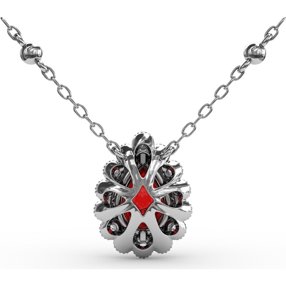 Floral Teardrop Ruby Pendant with Diamond Halo and Diamond Station Chain by Fana - 1.08 Carat Total Gemstone Weight