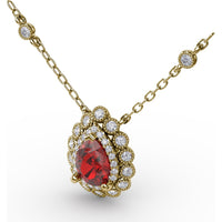Floral Teardrop Ruby Pendant with Diamond Halo and Diamond Station Chain by Fana - 1.08 Carat Total Gemstone Weight