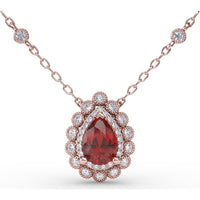 Floral Teardrop Ruby Pendant with Diamond Halo and Diamond Station Chain by Fana - 1.08 Carat Total Gemstone Weight