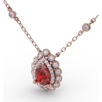 Floral Teardrop Ruby Pendant with Diamond Halo and Diamond Station Chain by Fana - 1.08 Carat Total Gemstone Weight