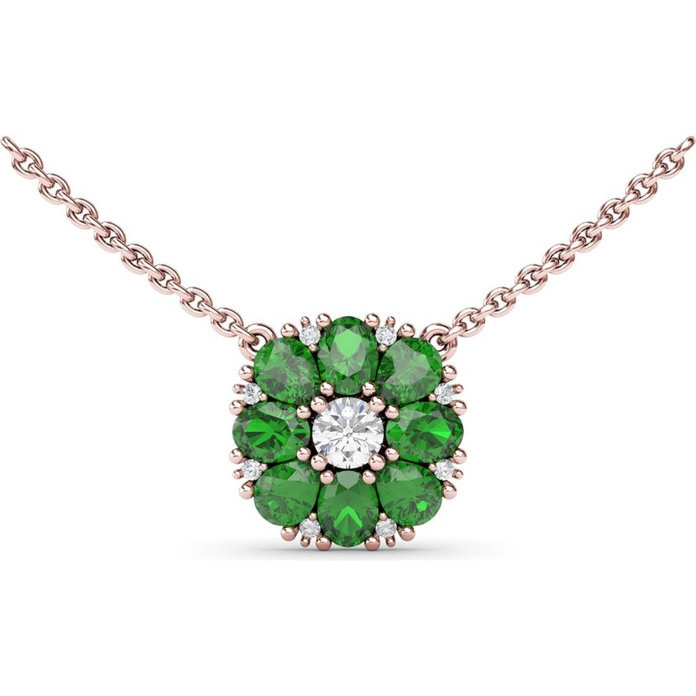 Flower Cluster Pendant Necklace with Round Diamonds and Emeralds by Fana - 1.57 Carat Total Gemstone Weight