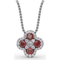 Flower Pendant with Round Rubies and Pavé Diamond Halos by Fana - 1.63 Carat Total Gemstone Weight