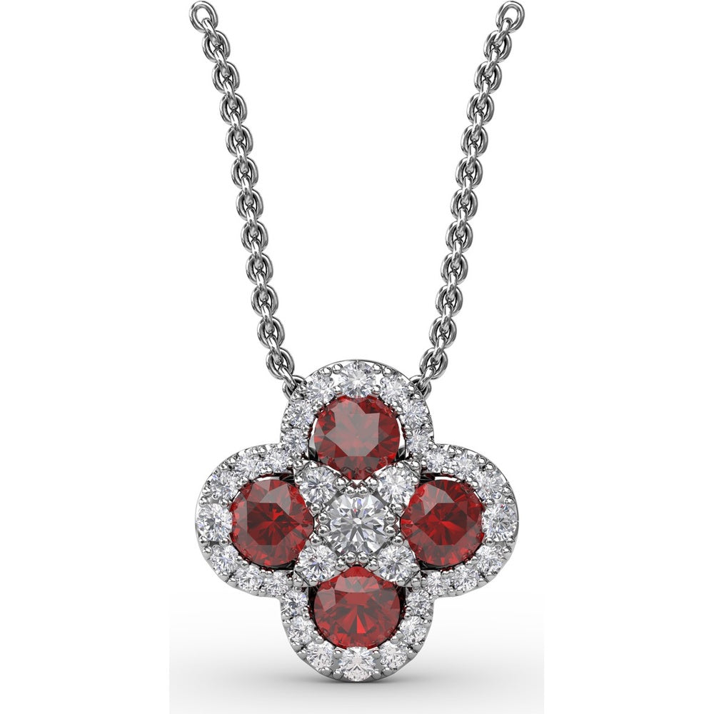 Flower Pendant with Round Rubies and Pavé Diamond Halos by Fana - 1.63 Carat Total Gemstone Weight