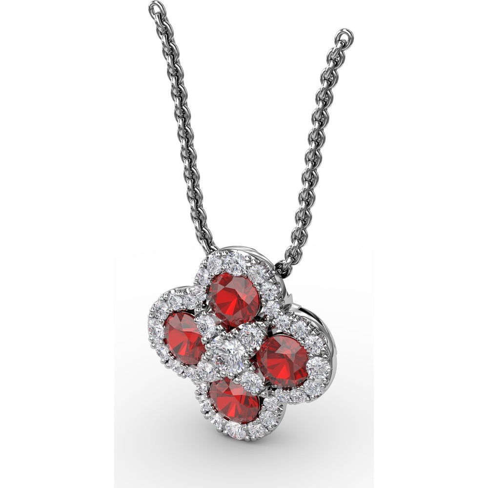 Flower Pendant with Round Rubies and Pavé Diamond Halos by Fana - 1.63 Carat Total Gemstone Weight