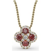 Flower Pendant with Round Rubies and Pavé Diamond Halos by Fana - 1.63 Carat Total Gemstone Weight