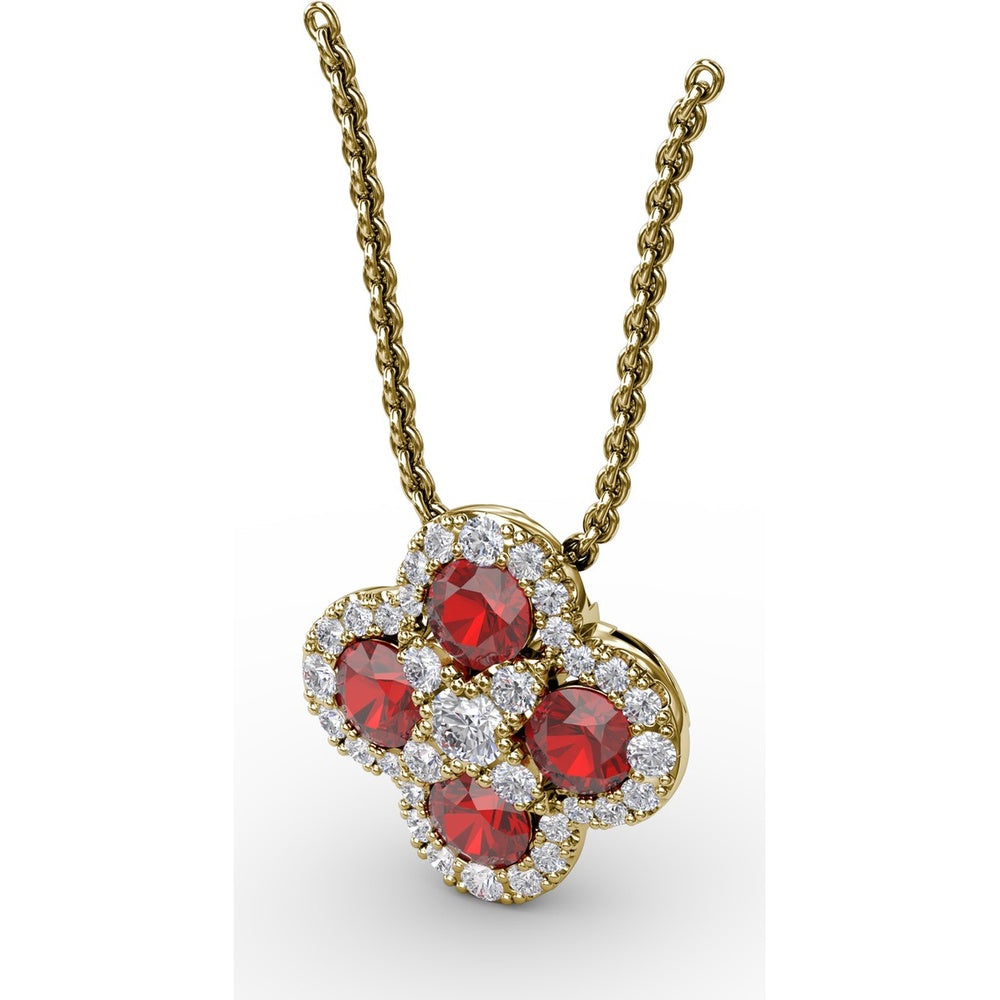 Flower Pendant with Round Rubies and Pavé Diamond Halos by Fana - 1.63 Carat Total Gemstone Weight