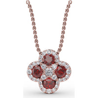 Flower Pendant with Round Rubies and Pavé Diamond Halos by Fana - 1.63 Carat Total Gemstone Weight