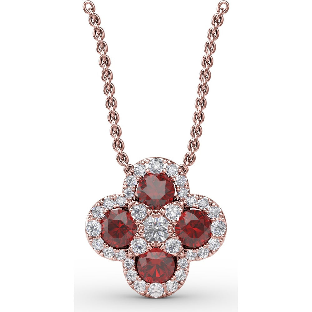 Flower Pendant with Round Rubies and Pavé Diamond Halos by Fana - 1.63 Carat Total Gemstone Weight