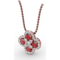 Flower Pendant with Round Rubies and Pavé Diamond Halos by Fana - 1.63 Carat Total Gemstone Weight