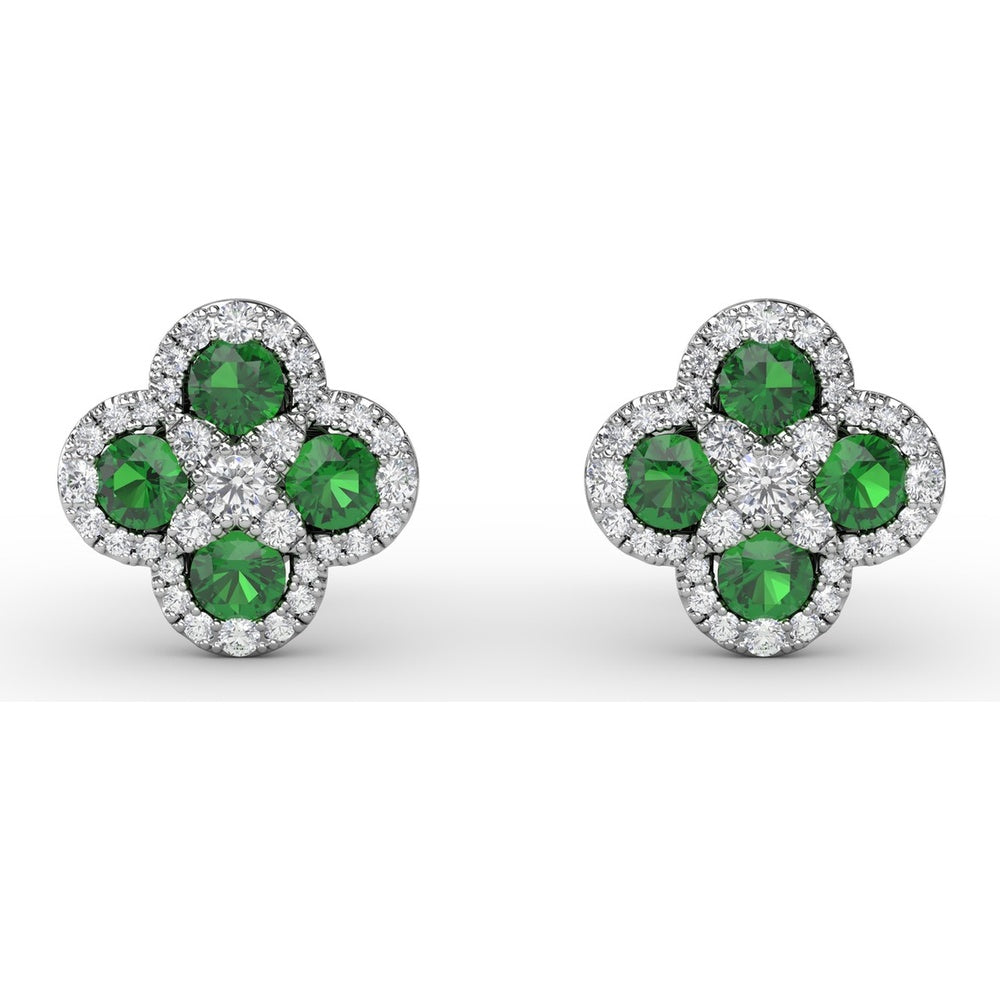 Four-Leaf Clover Emerald and Diamond Cluster Stud Earrings by Fana - 1.27 Carat Total Gemstone Weight