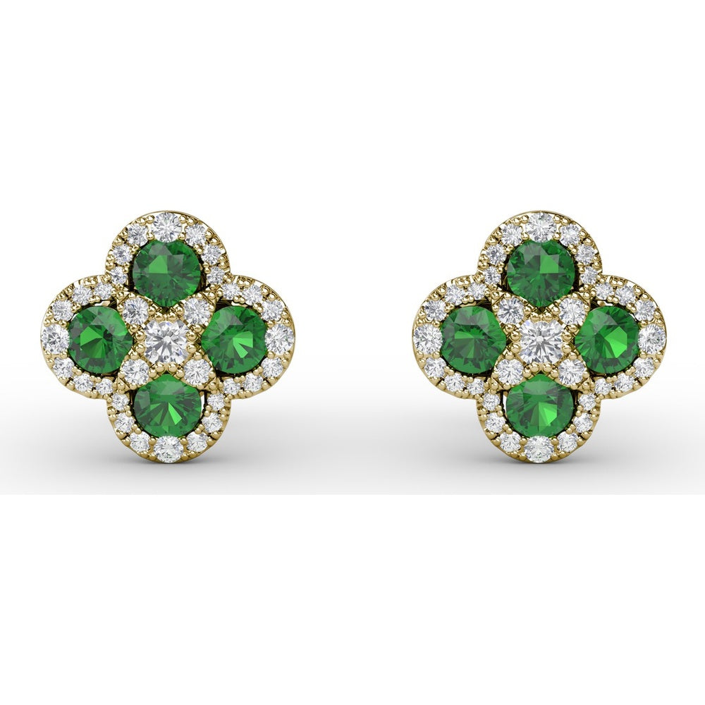 Four-Leaf Clover Emerald and Diamond Cluster Stud Earrings by Fana - 1.27 Carat Total Gemstone Weight