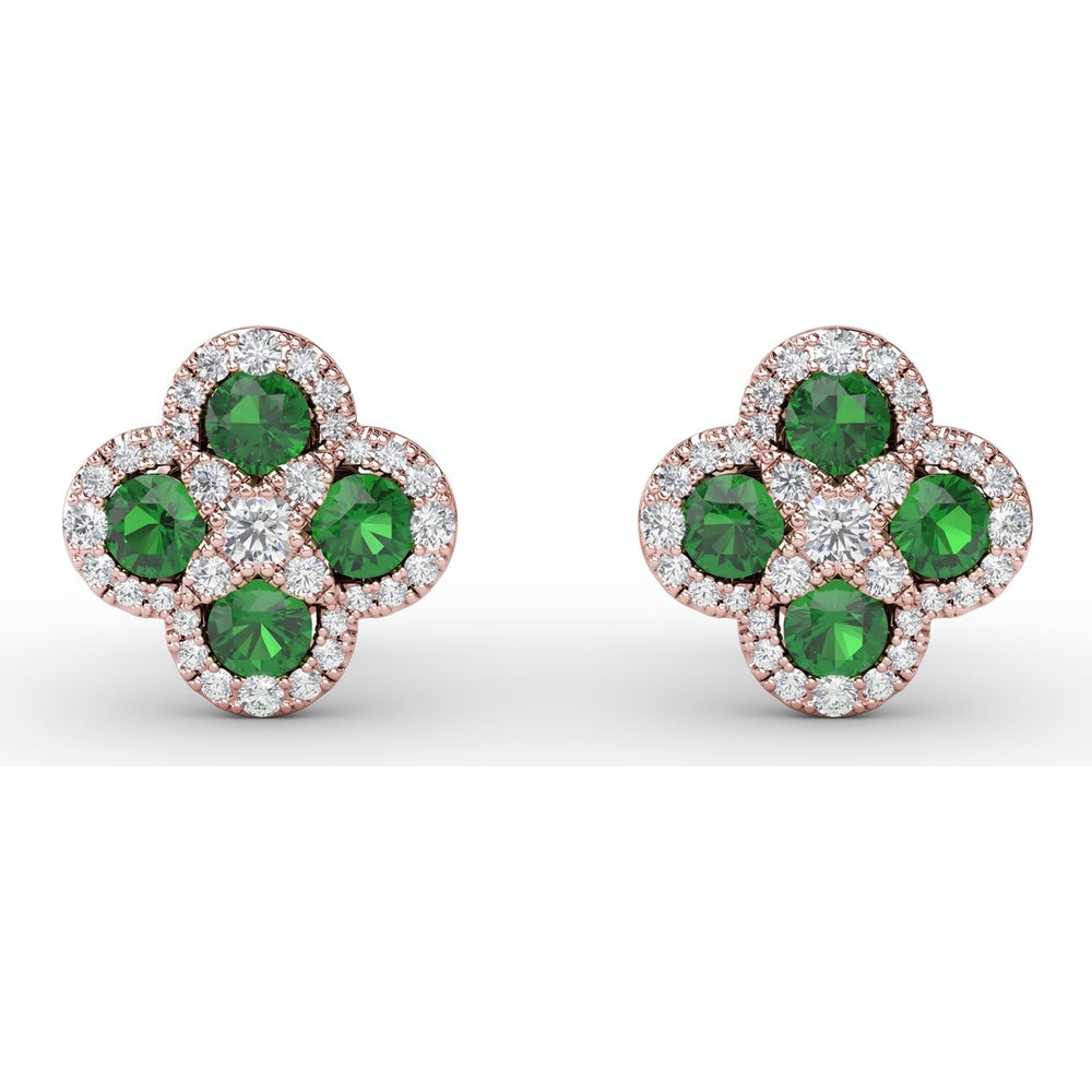 Four-Leaf Clover Emerald and Diamond Cluster Stud Earrings by Fana - 1.27 Carat Total Gemstone Weight