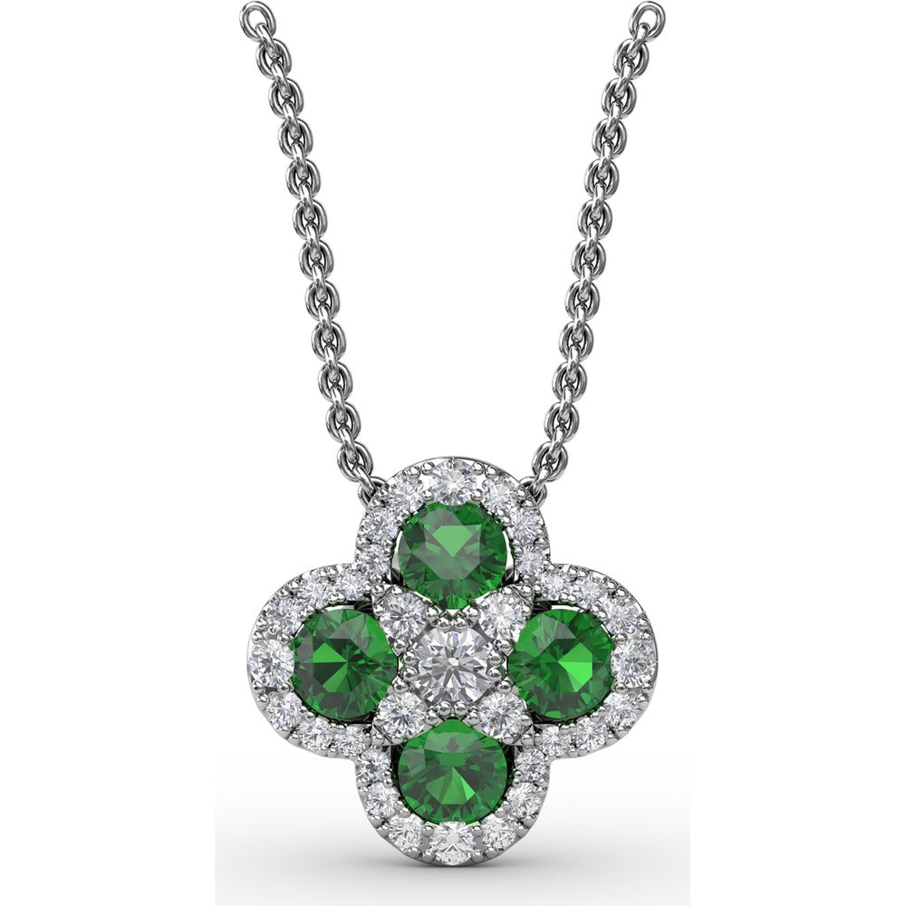 Four-Leaf Clover Pendant with Halo Set Round Emeralds and Diamonds by Fana - 1.31 Carat Total Gemstone Weight