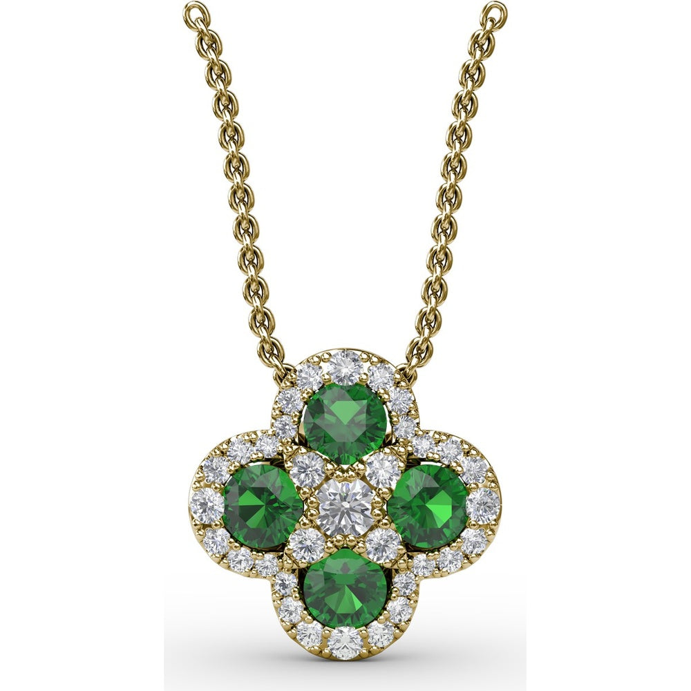 Four-Leaf Clover Pendant with Halo Set Round Emeralds and Diamonds by Fana - 1.31 Carat Total Gemstone Weight