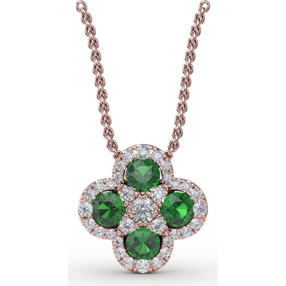 Four-Leaf Clover Pendant with Halo Set Round Emeralds and Diamonds by Fana - 1.31 Carat Total Gemstone Weight