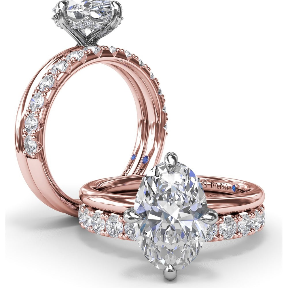 Four Prong Oval Solitaire Diamond Engagement Ring Setting with Hidden Halo by Fana - 0.09 Carat Total Diamond Weight