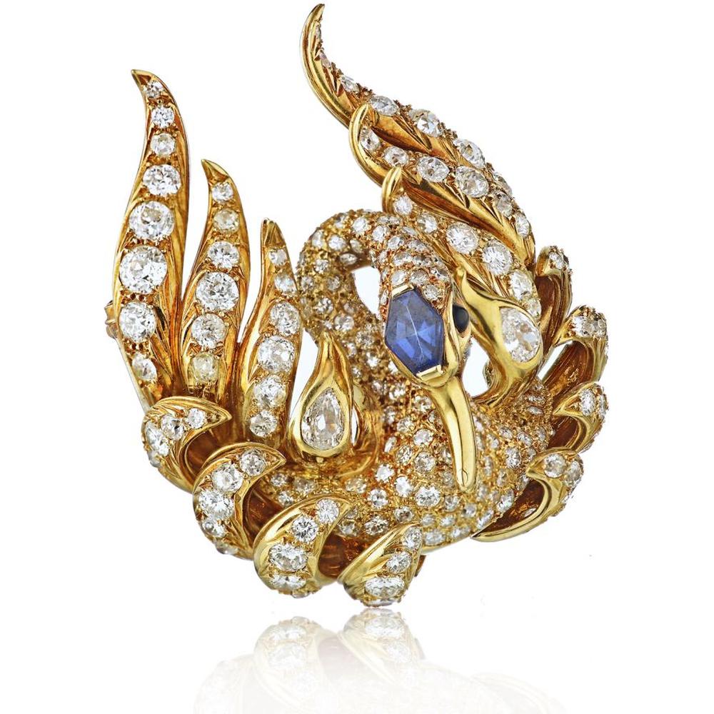 French 18K Yellow Gold Swan Brooch with Old-Cut Diamonds - 16.00 Carats Total Diamond Weight