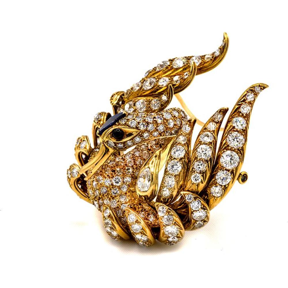 French 18K Yellow Gold Swan Brooch with Old-Cut Diamonds - 16.00 Carats Total Diamond Weight
