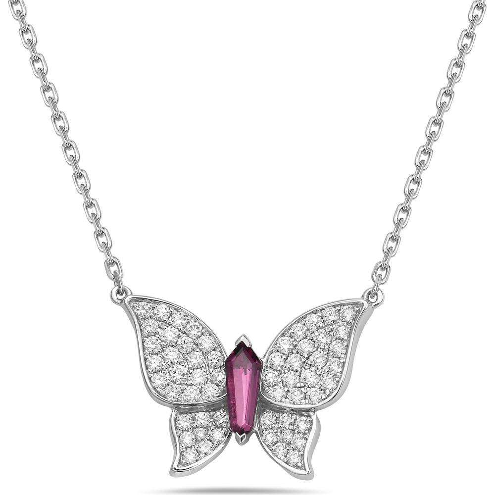 Garnet and Diamond Pavé Butterfly Necklace in 18K White Gold by Charles Krypell