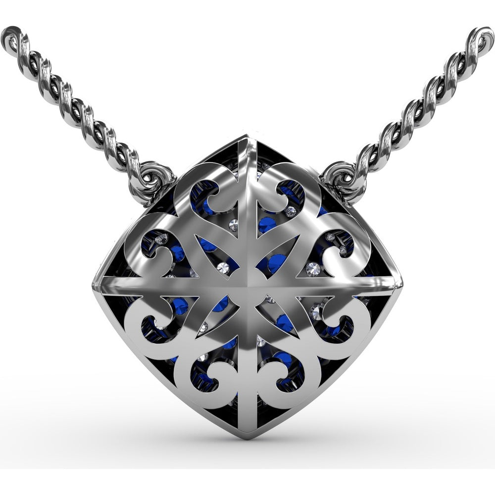 Geometric Diamond-Shape Pendant with Pavé Set Round Sapphires and Diamonds by Fana - 1.32 Carat Total Gemstone Weight