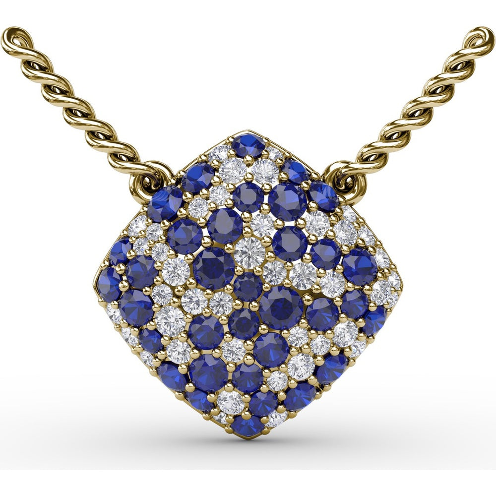 Geometric Diamond-Shape Pendant with Pavé Set Round Sapphires and Diamonds by Fana - 1.32 Carat Total Gemstone Weight