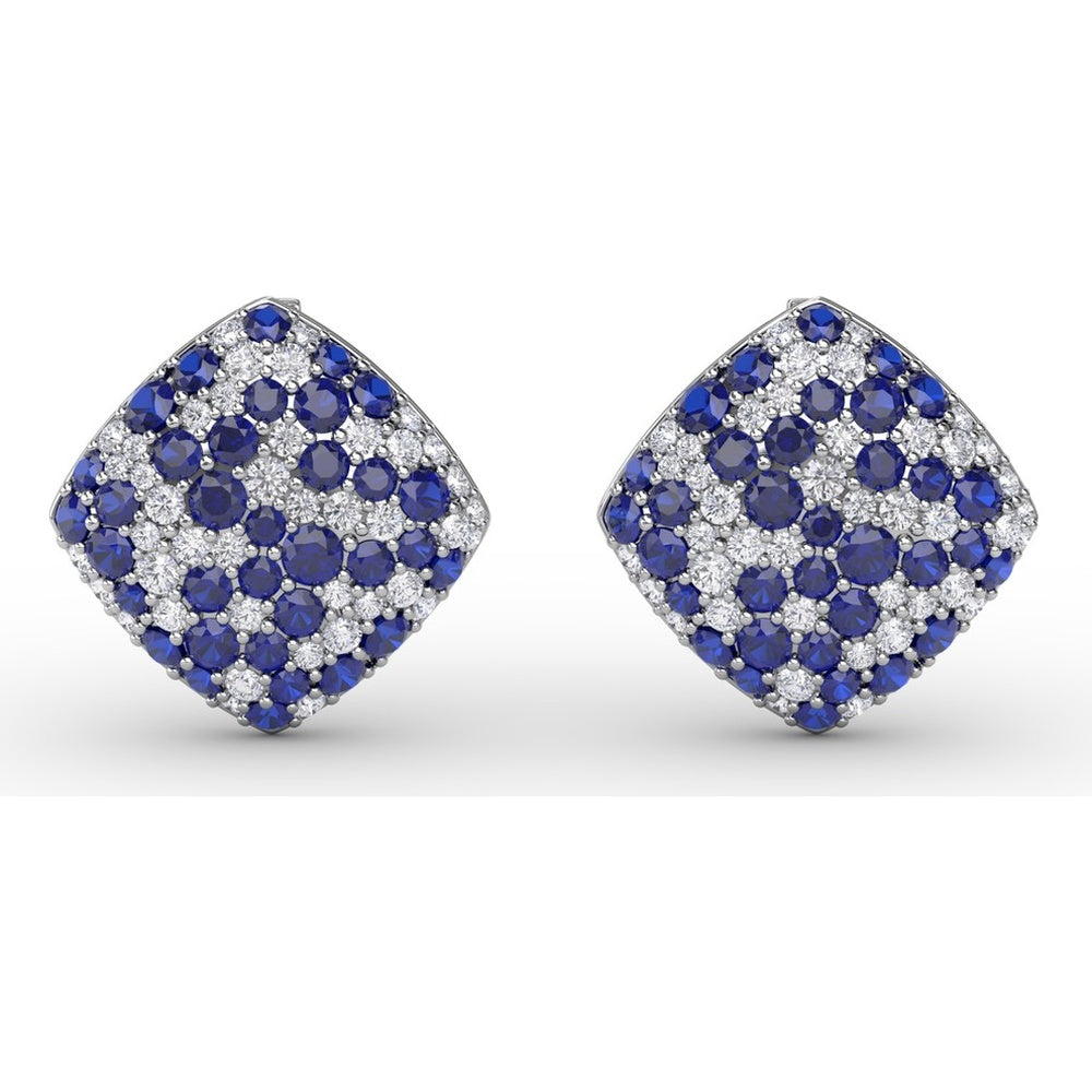 Geometric Diamond-Shaped Stud Earrings with Pavé Set Round Sapphires and Diamonds by Fana - 2.66 Carat Total Gemstone Weight