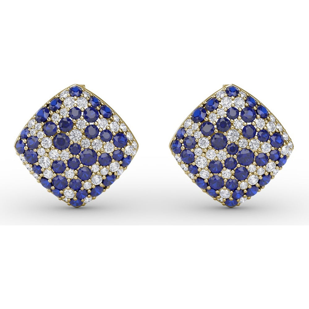 Geometric Diamond-Shaped Stud Earrings with Pavé Set Round Sapphires and Diamonds by Fana - 2.66 Carat Total Gemstone Weight