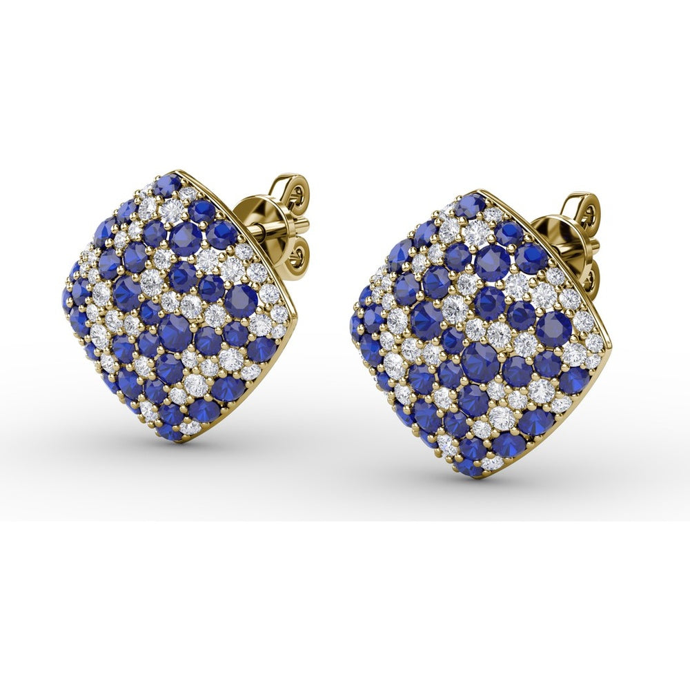 Geometric Diamond-Shaped Stud Earrings with Pavé Set Round Sapphires and Diamonds by Fana - 2.66 Carat Total Gemstone Weight