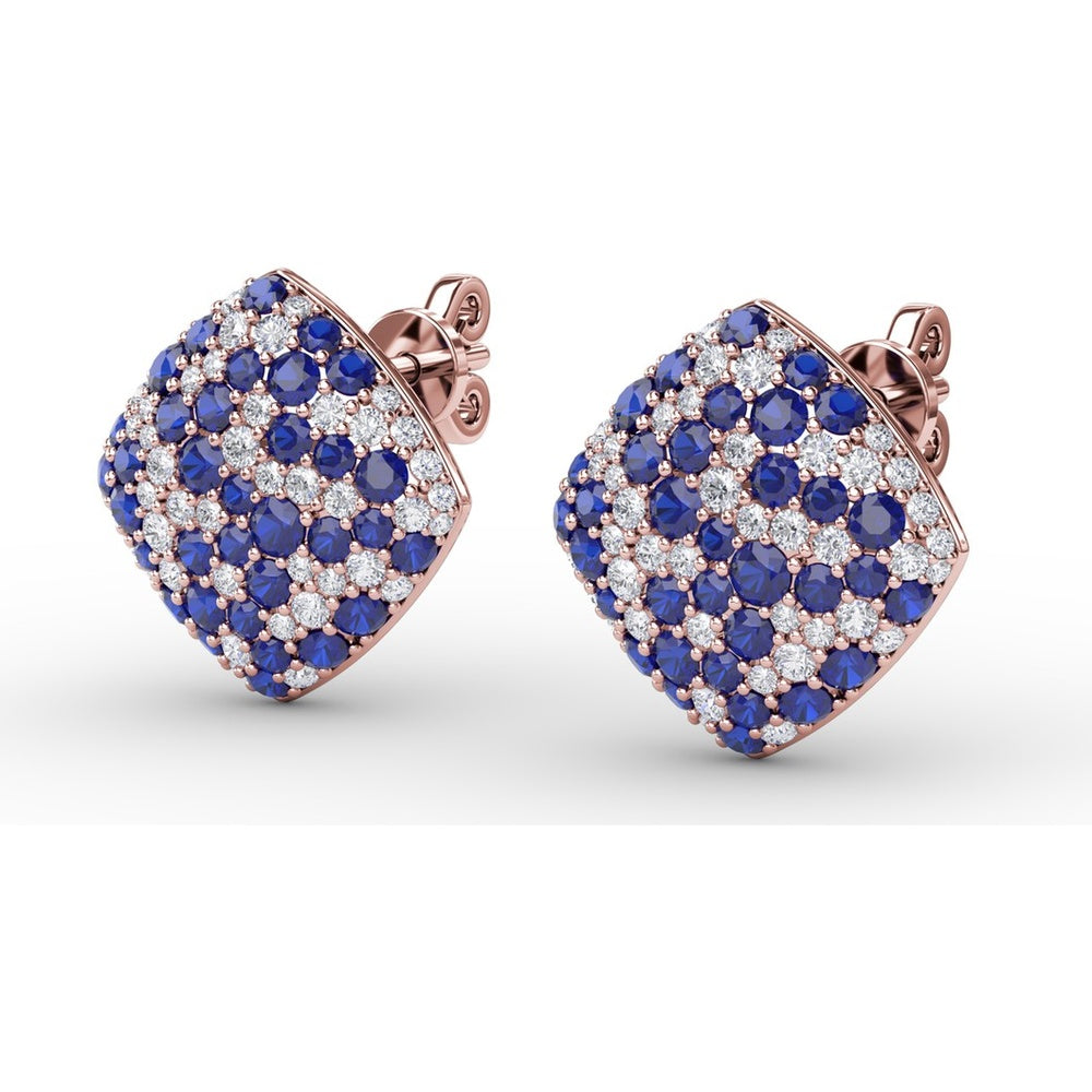 Geometric Diamond-Shaped Stud Earrings with Pavé Set Round Sapphires and Diamonds by Fana - 2.66 Carat Total Gemstone Weight