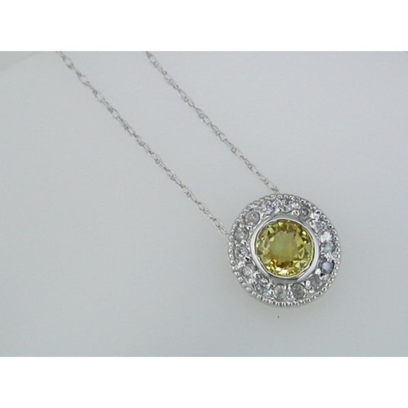 Glamourous 14K White Gold Yellow Sapphire & Diamond Halo Necklace