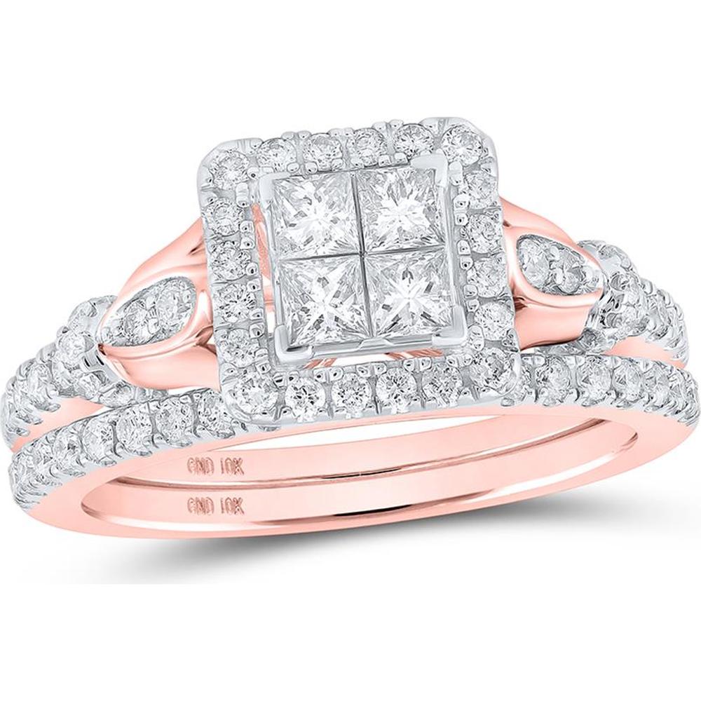 GND 10K Rose Gold Bridal Wedding Ring Set with Princess Cut and Round Diamonds - 7/8 Total Carat Weight