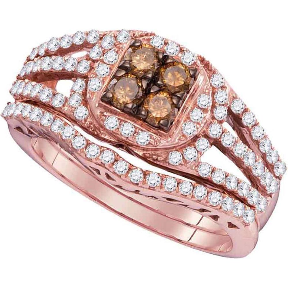 GND 10K Rose Gold Bridal Wedding Ring Set with Prong-Set Brown and White Diamonds - 1.00 Carat Total Diamond Weight