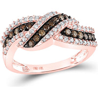 GND 10K Rose Gold Crossover Band Ring with Pave-Set Brown and White Diamonds - 0.75 Carat Total Carat Weight