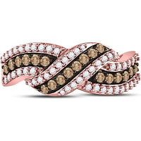 GND 10K Rose Gold Crossover Band Ring with Pave-Set Brown and White Diamonds - 0.75 Carat Total Carat Weight