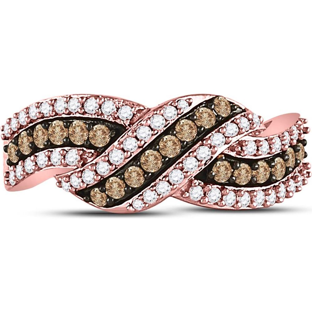 GND 10K Rose Gold Crossover Band Ring with Pave-Set Brown and White Diamonds - 0.75 Carat Total Carat Weight
