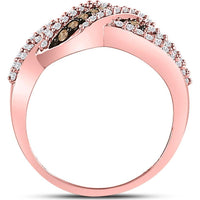 GND 10K Rose Gold Crossover Band Ring with Pave-Set Brown and White Diamonds - 0.75 Carat Total Carat Weight
