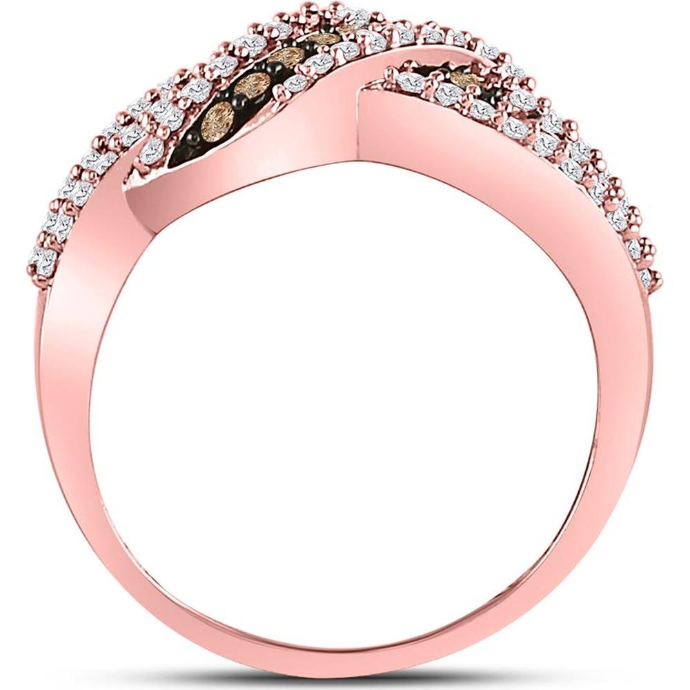 GND 10K Rose Gold Crossover Band Ring with Pave-Set Brown and White Diamonds - 0.75 Carat Total Carat Weight
