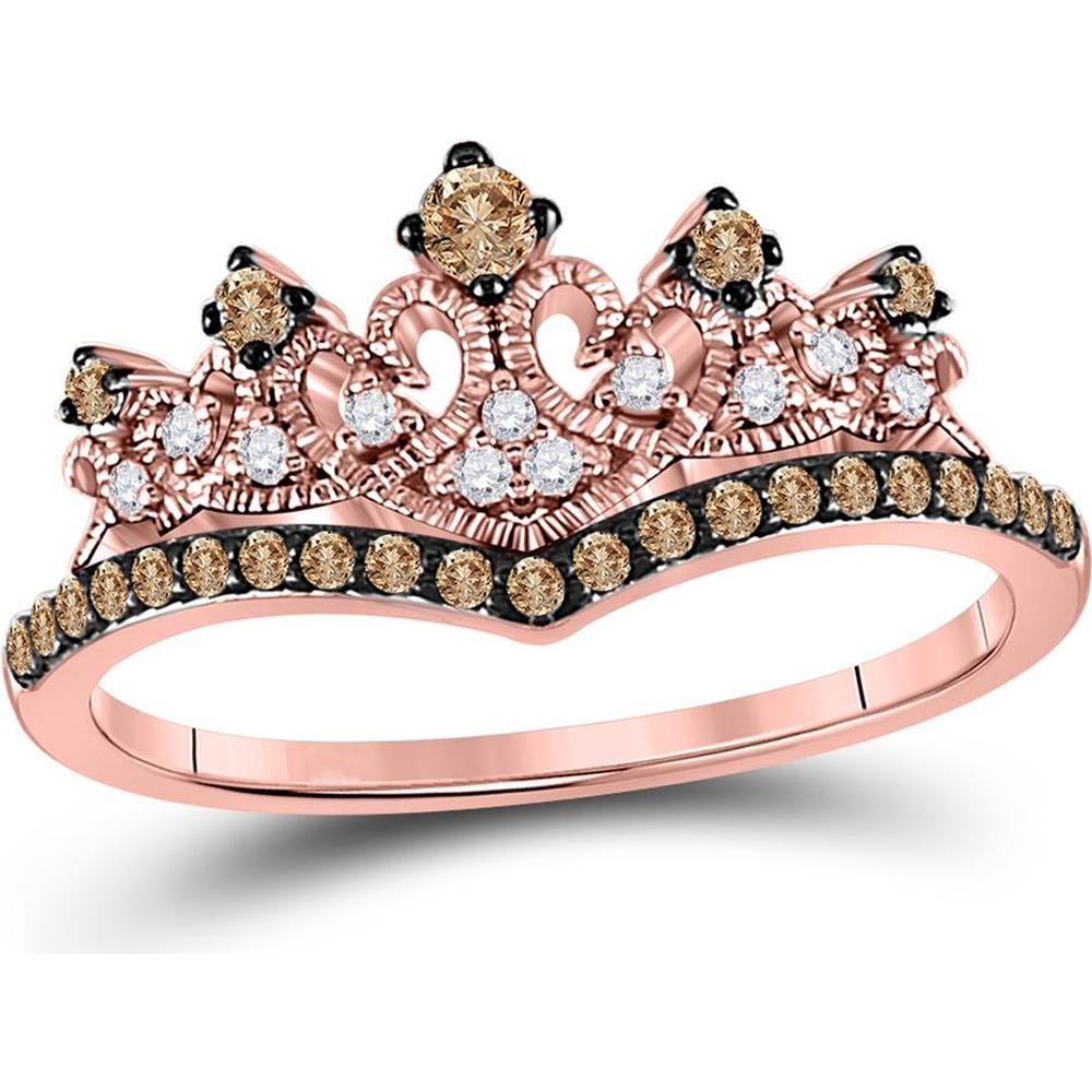 GND 10K Rose Gold Crown Tiara Ring with Prong-Set Brown Diamonds and Pave-Set White Diamonds - 1/3 Carat Total Diamond Weight