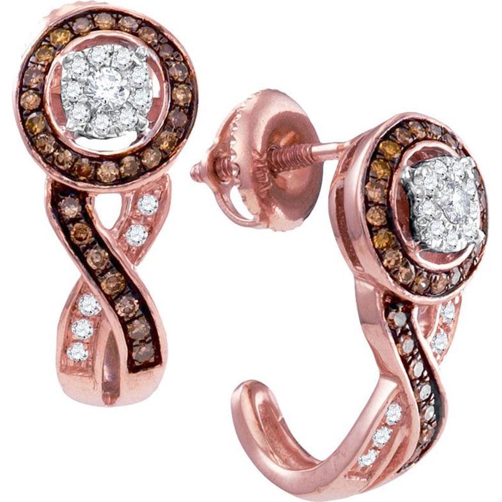 GND 10K Rose Gold J Hoop Earrings with Round Brown and White Diamonds - 0.39 Carat Total Diamond Weight