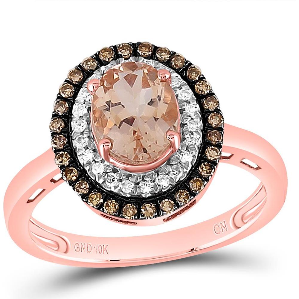 GND 10K Rose Gold Oval Morganite Solitaire Ring with Double Halo of Brown and White Diamonds - 1.5 Carat Total Gemstone Weight