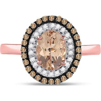 GND 10K Rose Gold Oval Morganite Solitaire Ring with Double Halo of Brown and White Diamonds - 1.5 Carat Total Gemstone Weight