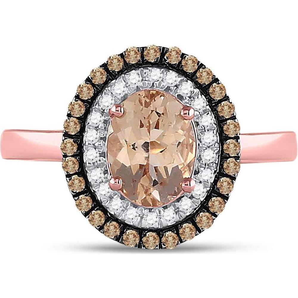GND 10K Rose Gold Oval Morganite Solitaire Ring with Double Halo of Brown and White Diamonds - 1.5 Carat Total Gemstone Weight