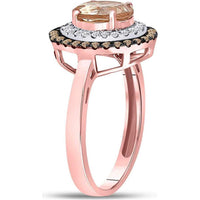 GND 10K Rose Gold Oval Morganite Solitaire Ring with Double Halo of Brown and White Diamonds - 1.5 Carat Total Gemstone Weight