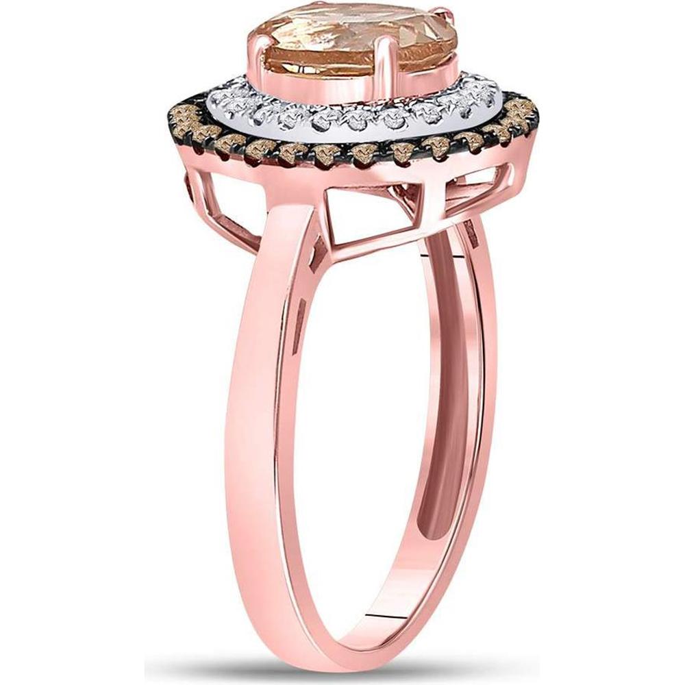 GND 10K Rose Gold Oval Morganite Solitaire Ring with Double Halo of Brown and White Diamonds - 1.5 Carat Total Gemstone Weight