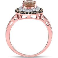 GND 10K Rose Gold Oval Morganite Solitaire Ring with Double Halo of Brown and White Diamonds - 1.5 Carat Total Gemstone Weight