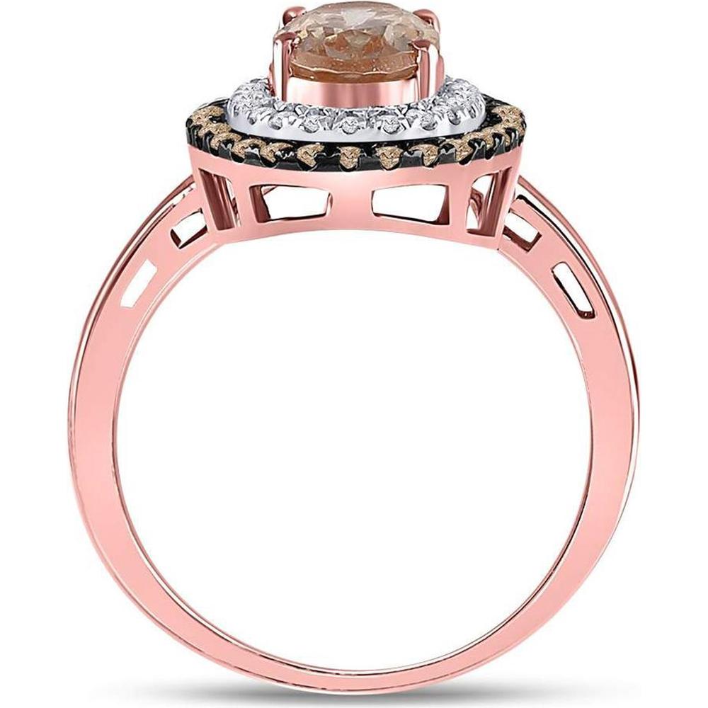 GND 10K Rose Gold Oval Morganite Solitaire Ring with Double Halo of Brown and White Diamonds - 1.5 Carat Total Gemstone Weight