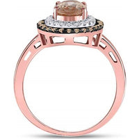 GND 10K Rose Gold Oval Morganite Solitaire Ring with Double Halo of Brown and White Diamonds - 1.5 Carat Total Gemstone Weight